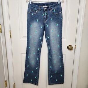 Vintage Lilly Pulitzer Blue Denim Embroidered Jeans With Cocktail Glasses Size 2
